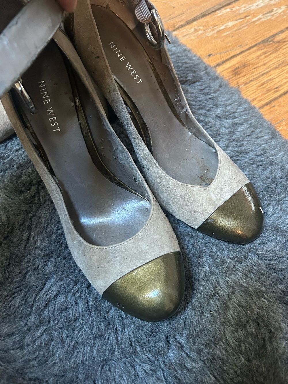Nine West Taupe Suede Pumps with Olive Metallic Cap Toe